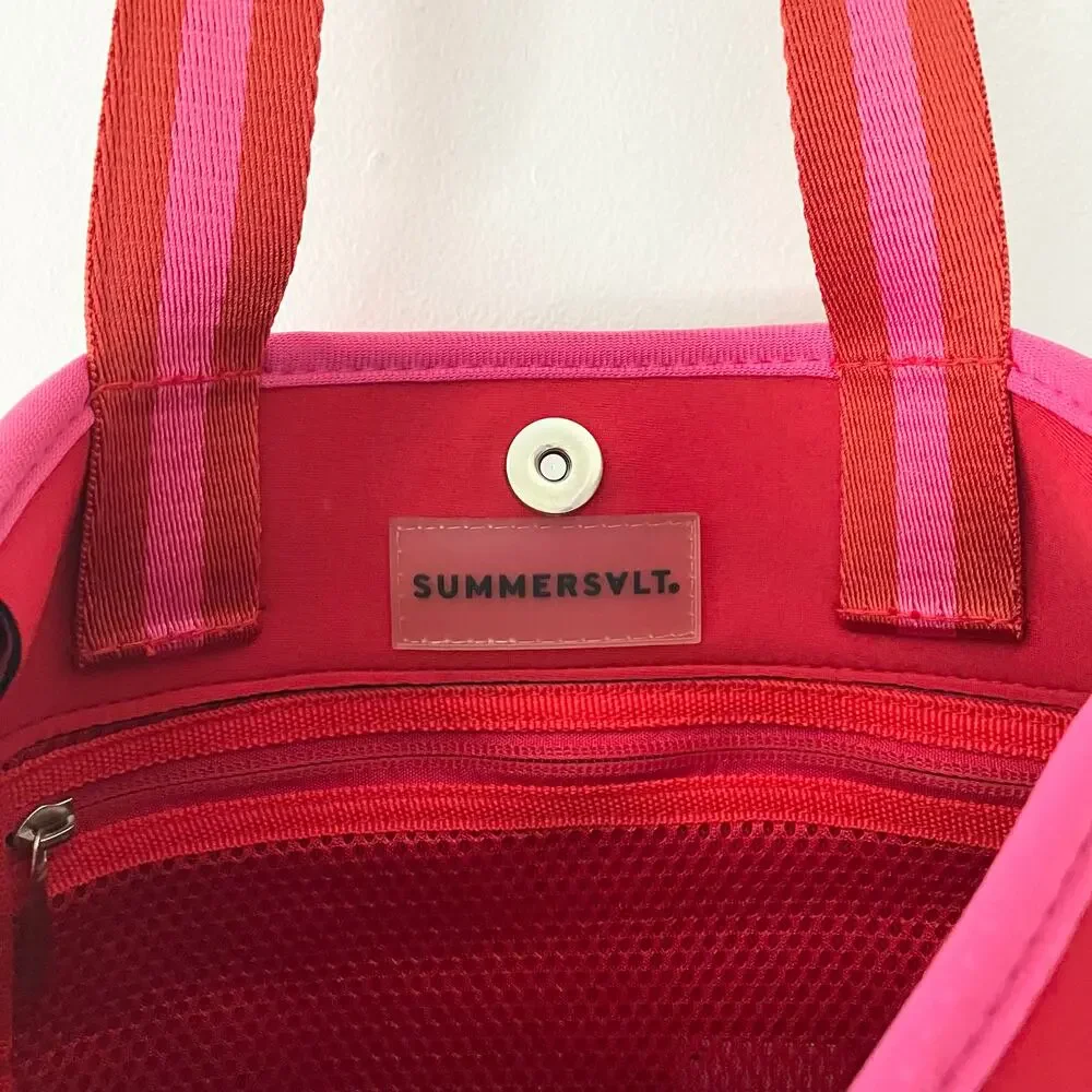 Summersalt Neoprene Pink Hisbiscus Red Lava Beach Tote Bag